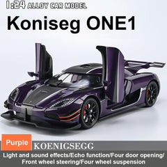 EROCK 1:24 Koenigsegg ONE die-cast car Model Toys, Open Door Design, Sound and Light Function, Suitable Gifts, Decorations, Collectibles, Toys for Adults and Children. (Purple-one)