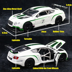 1/24 Bentley Continental GT3 Racing 1:24 Diecast Alloy Toy Car Miniature Model Free Wheels Sound & Light Collection Gift For Kid