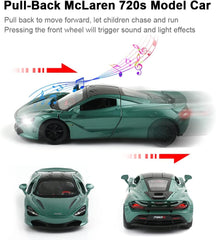 Diecast Toy Car McLaren 720S Sports Car Model,Zinc Alloy Simulation Casting Pull Back Vehicles,1:32 Scale Mini Supercar Toys with Lights and Music for Toddlers Kids Children Gift (720S-Green)