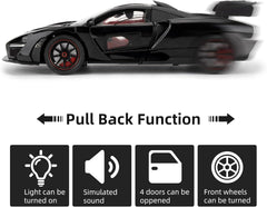 1:24 Scale Car Model Compatible for Collectible McLaren Senna Super Sports car Toys, Zinc Alloy Pull Back Toy Vehicle with Sound and Light for Adult Boys Girls 3 4 5 6 7 8 (Black)