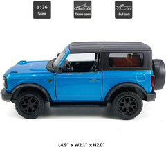 2-Door Bronco Badlands Model Car 1/36 Scale Diecast Toy Cars Metal Alloy Children’s Vehicles, Pull Back Doors Open, Black Rim, Mens Collection, Kids Toys for Boys Gifts, Cake Topper Home Décor, Blue