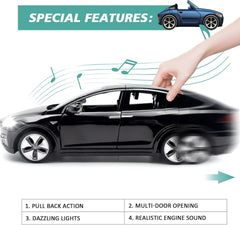 1:32 Model X Alloy Diecast Pull Back Toy Car with Open Doors, Lights and Music, Mini Vehicles Toys for Kids & Collectors (Black)