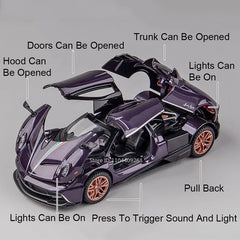 1:32 Scale Pagani Dinastia Huayra BC Car Model Toy Sound Light Gull Wing Door Alloy Diecast Supercar Models Boys Kids Gifts