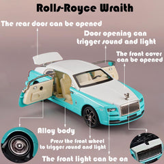 Toy Car Model Blue Rolls-Royce Wraith Alloy Collectible Pull Back Vehicles Diecast with Light and Sound