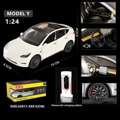 1/24 Model Y Toy Cars Alloy Diecast Model Car, Pull Back Model Y Model Car with Light, Big Model Y Diecast Car Model Toy Suitable for Kids Adults Birthday Gift (White)