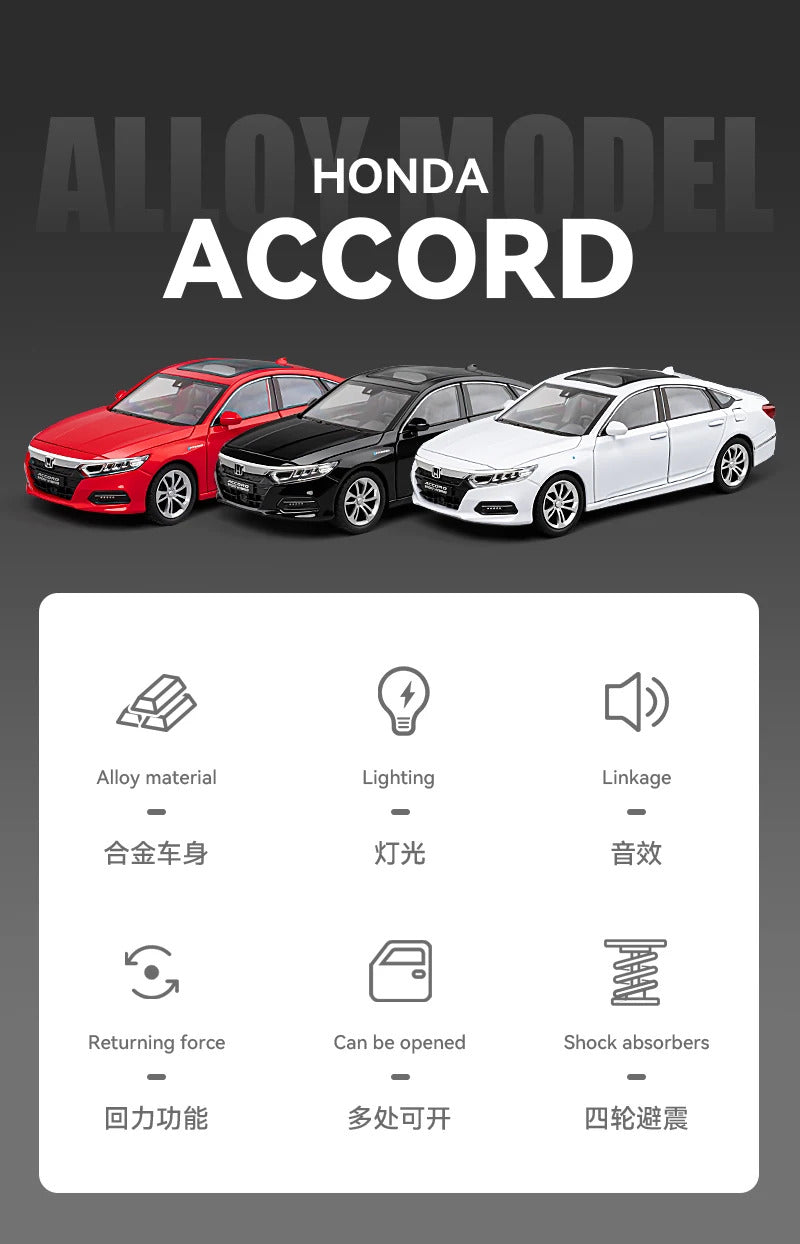 1:24 Accord Limousine Sound & Light Alloy Metal Diecast Car Model Collecting Hobby Decoration Trendy Holiday Gift Box Boy