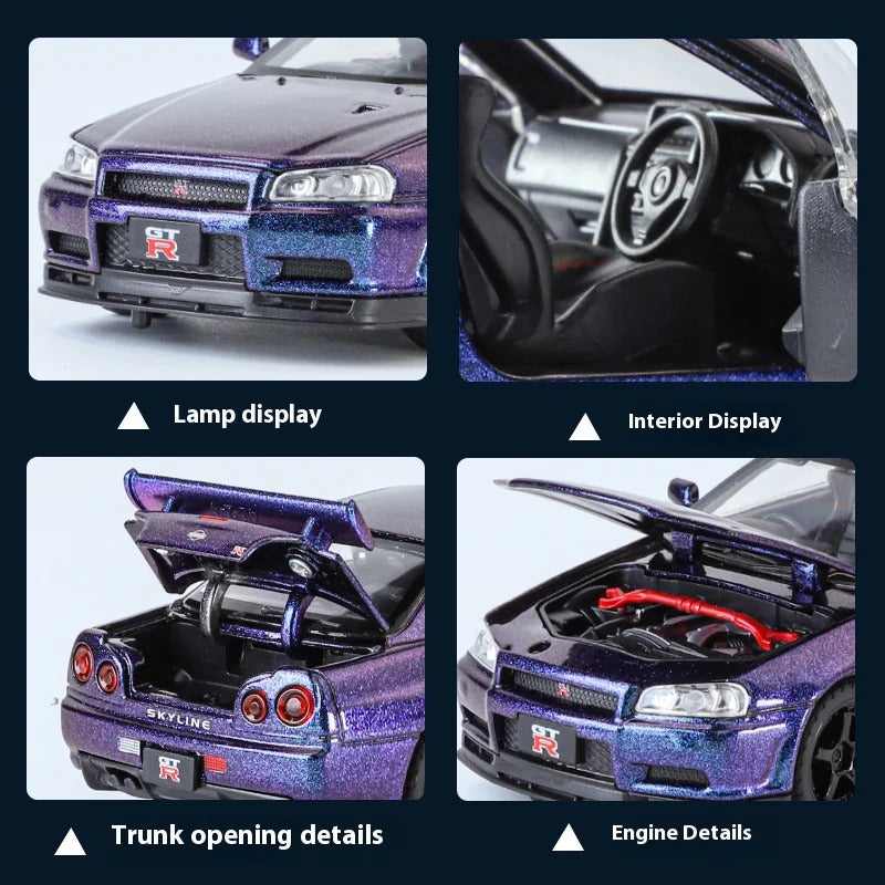 1:32 Nissan GTR R34 Skyline Supercar Alloy Metal Diecast Car Model Sound & Light Collection of Hobby Models Trendy Ornament Gift