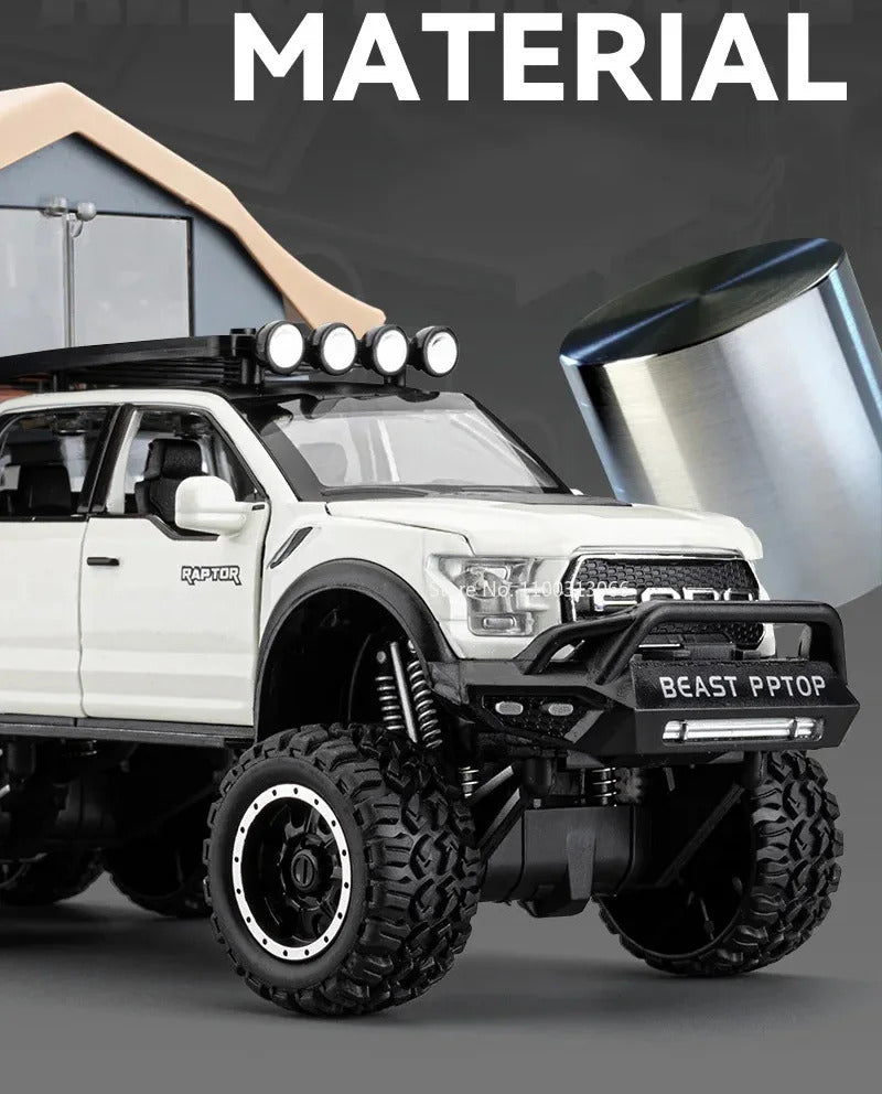 1/24 Scale Raptor F150 Alloy Cars Models Toys 6 Doors Opened Camping RV Diecast Model Light Sound Vehicle for Boys Birthday Gift