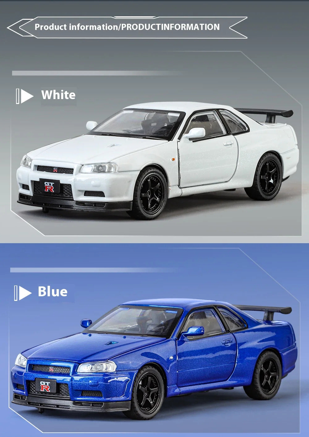 1:32 Nissan GTR R34 Skyline Supercar Alloy Metal Diecast Car Model Sound & Light Collection of Hobby Models Trendy Ornament Gift
