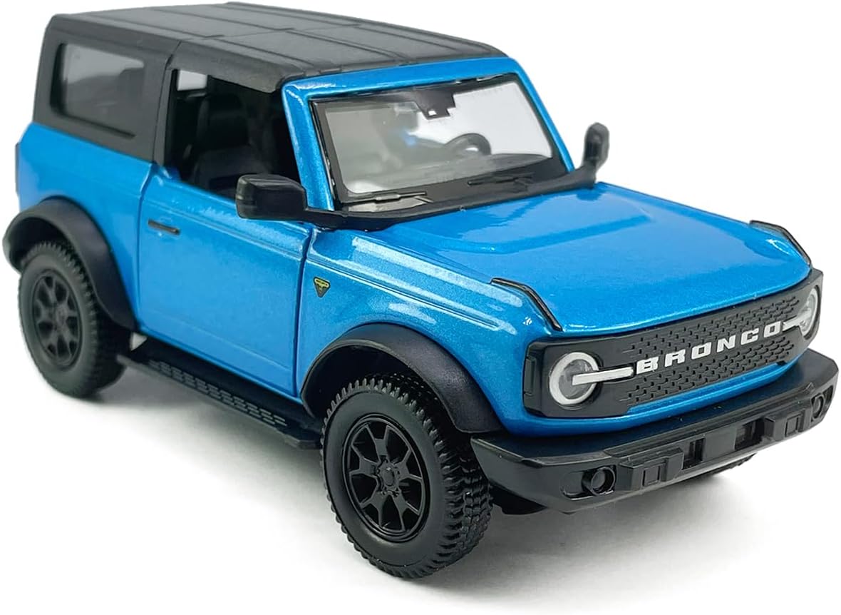 2-Door Bronco Badlands Model Car 1/36 Scale Diecast Toy Cars Metal Alloy Children’s Vehicles, Pull Back Doors Open, Black Rim, Mens Collection, Kids Toys for Boys Gifts, Cake Topper Home Décor, Blue