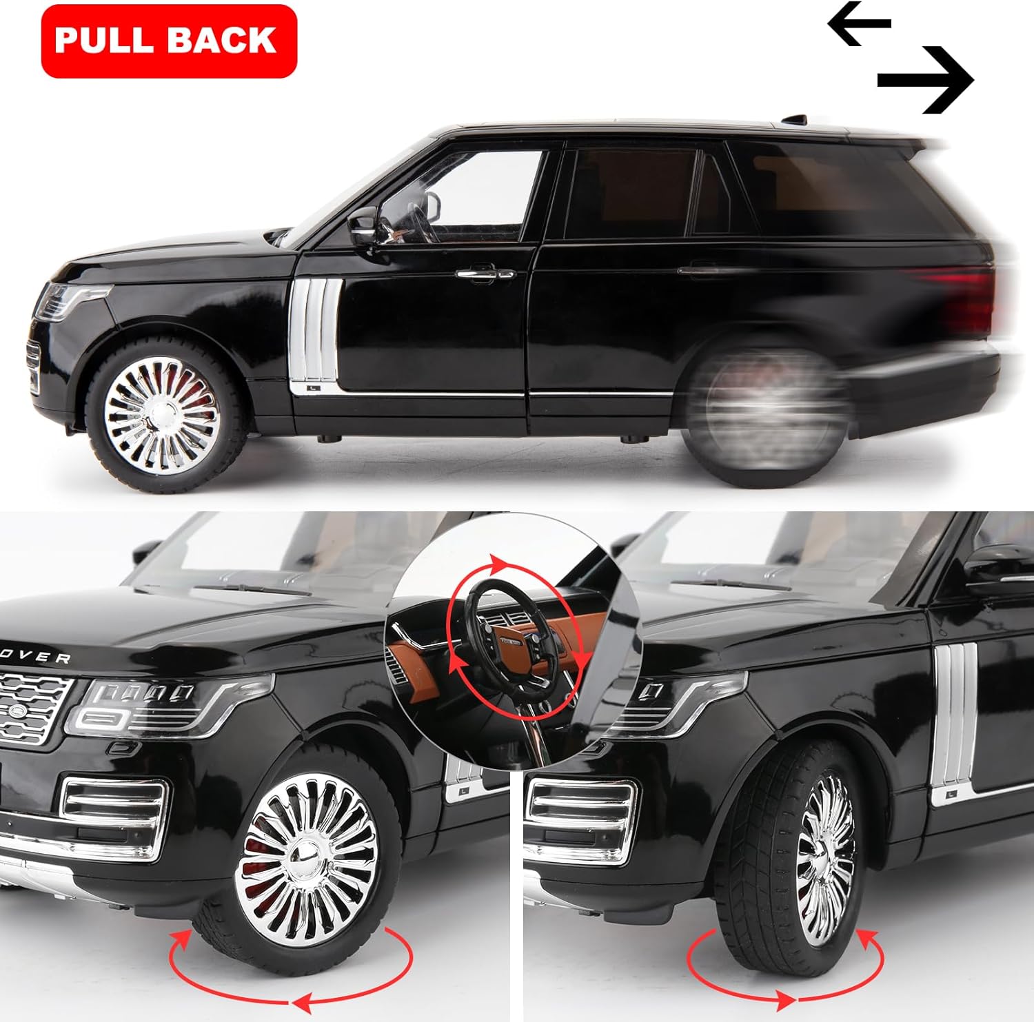 1/18 Scale Compatible for Land Rover Model Car，Zinc Alloy Pull Back Toy Diecast Car with Sound and Light，SUV Off-Road Vehicle，Children's Toy car ，Gifts for Boys and Girls Black