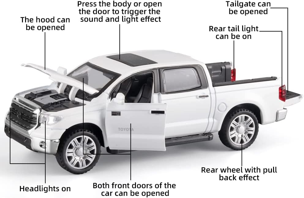 Toy Pickup Trucks for Boys 1/32 Tundra Diecast Cars Model，Zinc Alloy Toy Pickup Truck，with Sound and Light、Pull Back，Birthday Gifts for Kids Ages 3 Year and UP（White）