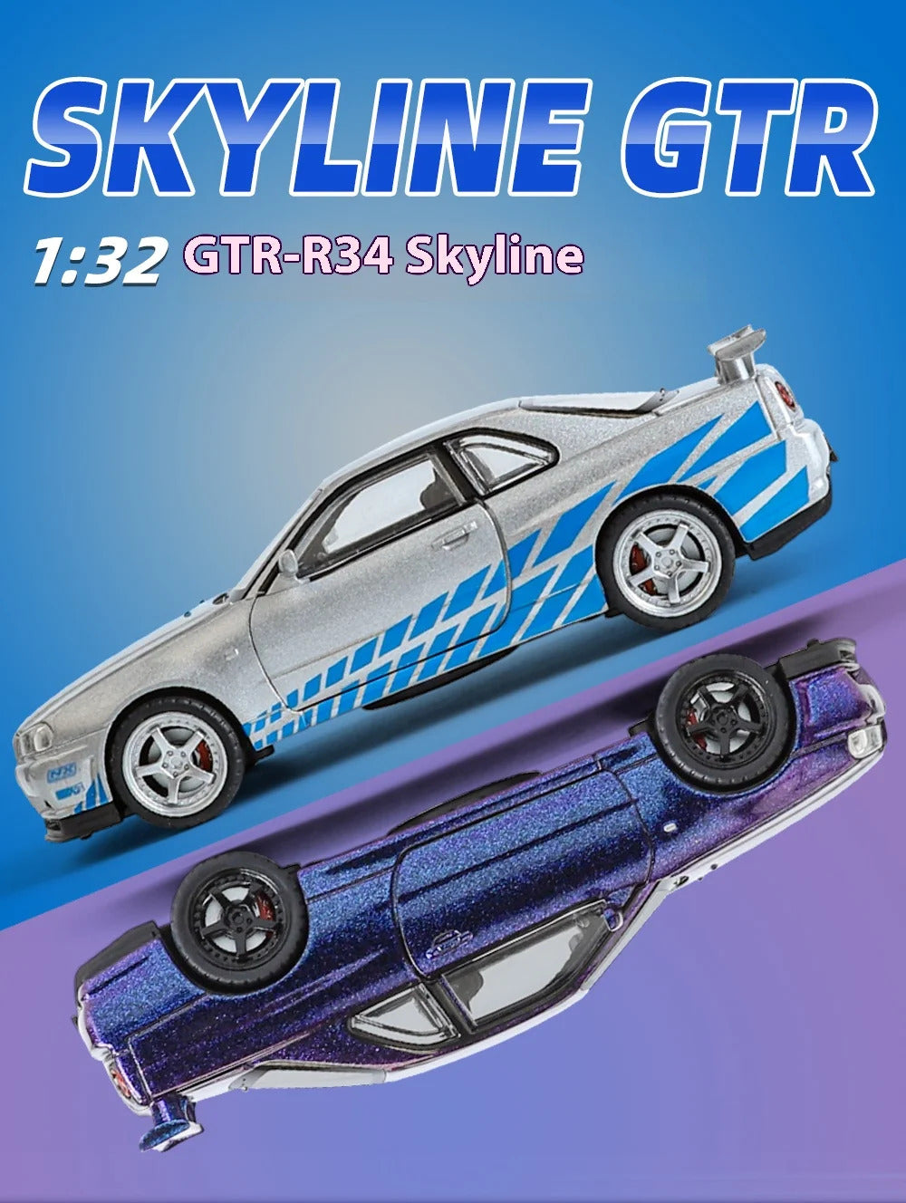 1:32 Nissan GTR R34 Skyline Supercar Alloy Metal Diecast Car Model Sound & Light Collection of Hobby Models Trendy Ornament Gift