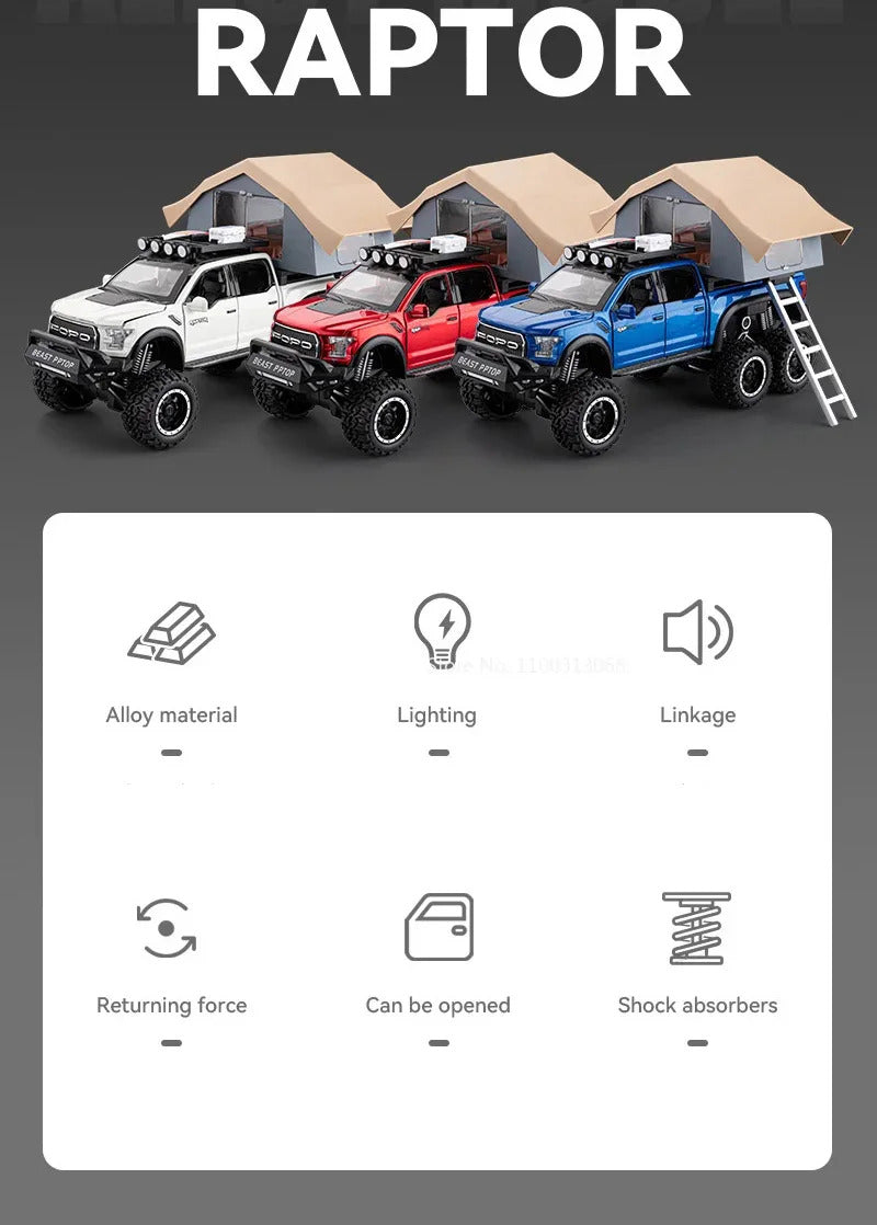 1/24 Scale Raptor F150 Alloy Cars Models Toys 6 Doors Opened Camping RV Diecast Model Light Sound Vehicle for Boys Birthday Gift