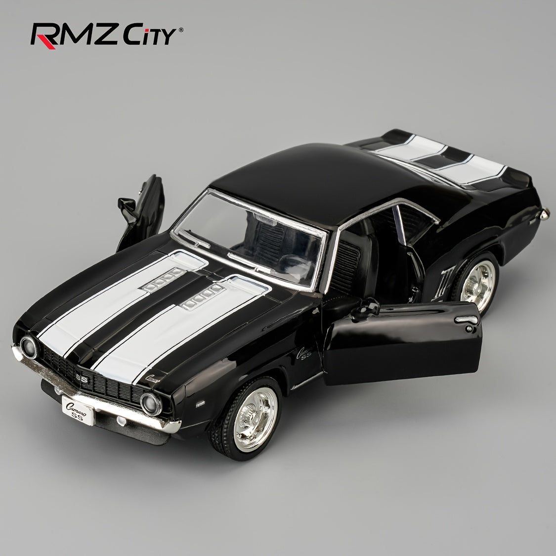 RMZ CITY 1:36 Scale 1969 for CHEVROLET for Camaro S5 Diecast Model - Vibrant Yellow with Black Stripes, Zinc Alloy PullBack Toy Car with Openable Doors & Detailed Interior, Perfect Gift for Boys & Girls