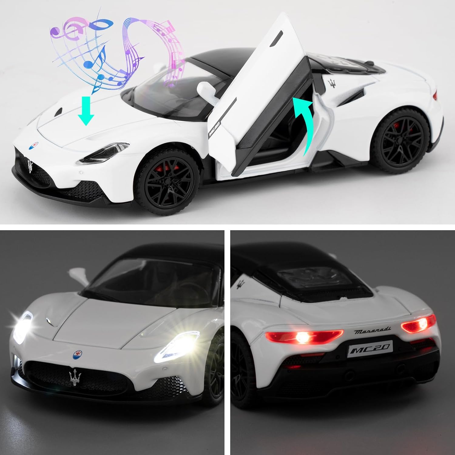 1/32 Maserati MC20 Alloy Model car, Model Toy with Pull Back Function, Toy car That Makes Sound and Bright Light, Model Toy for Collection, Gift for Kids (White)