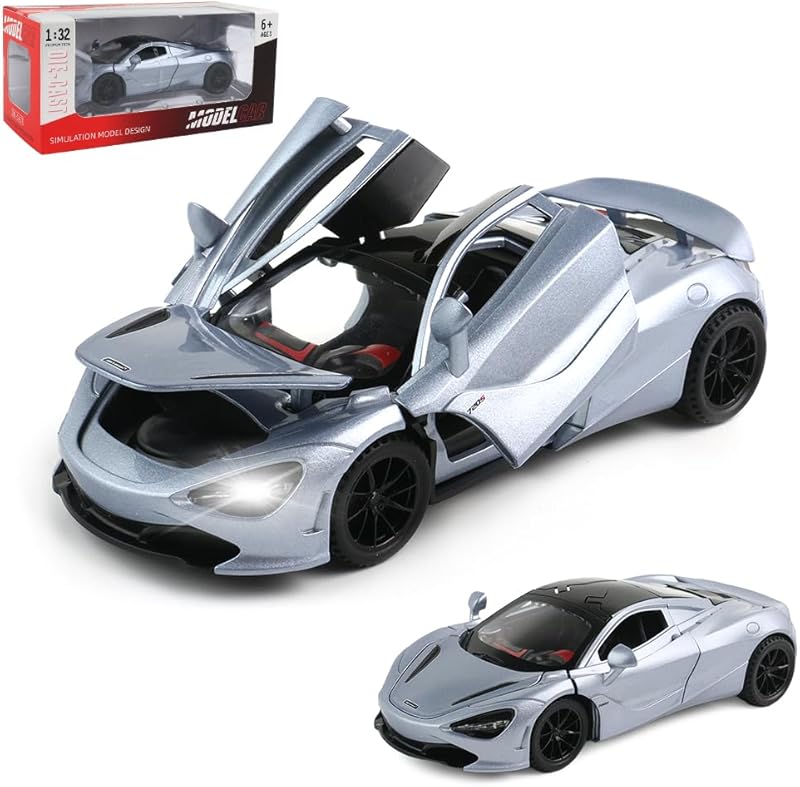 Diecast Toy Car McLaren 720S Sports Car Model,Zinc Alloy Simulation Casting Pull Back Vehicles,1:32 Scale Mini Supercar Toys with Lights and Music for Toddlers Kids Children Gift (720S-Green)