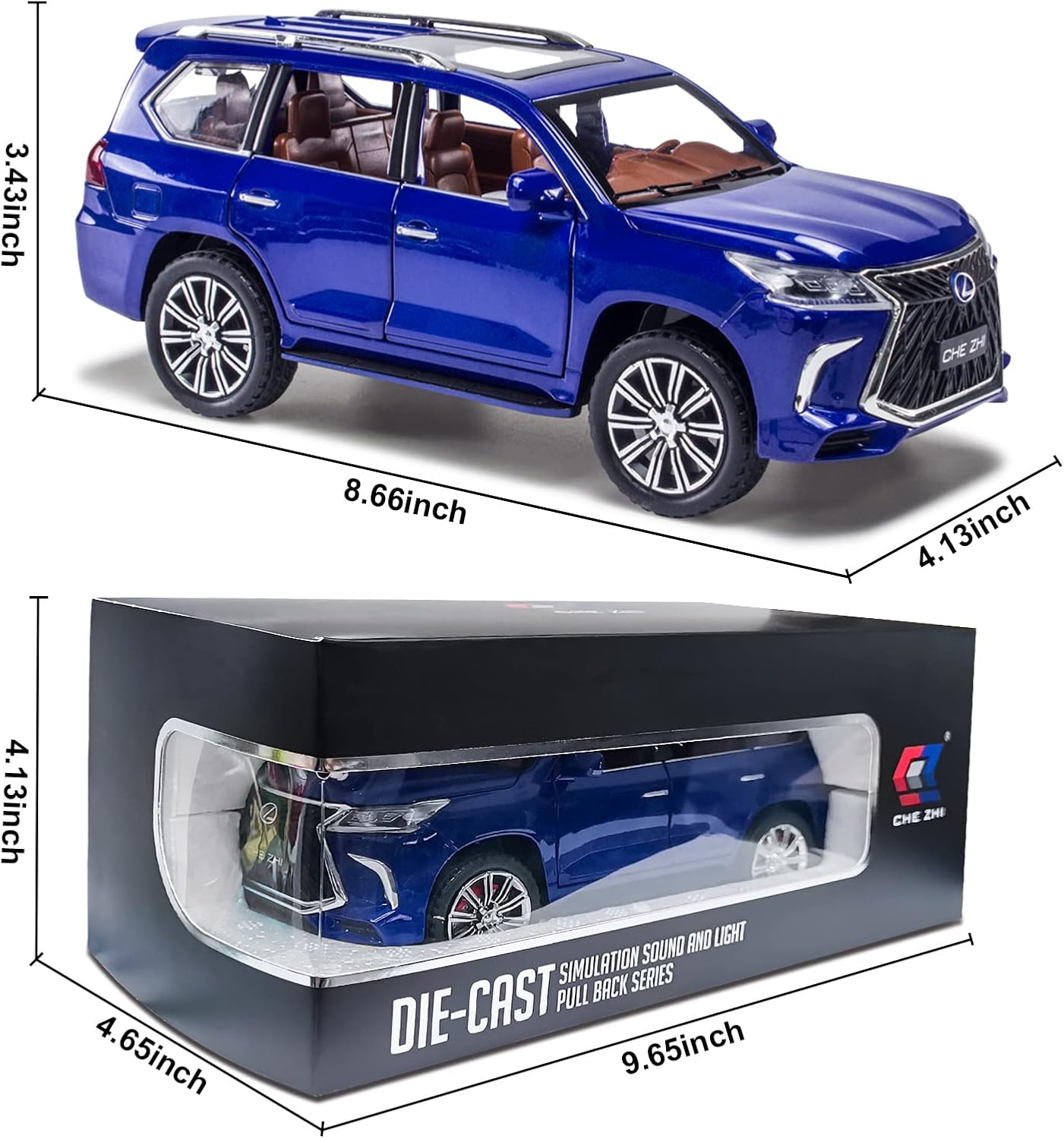 Diecast car Model 1/24 Scale - Zinc Alloy Pull Back Toy car with Sound and Light, Collectible Toys Vehicle for Adults and Boys Girls (Blue)