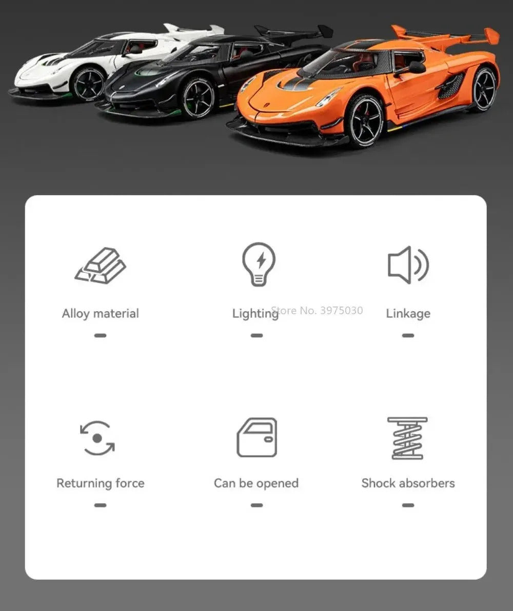 1:24 Scale Jesko Sports Cars Models Toys Alloy Diecast Wheel Pull Back Supercar 4 Doors Opened Vehicles for Boys Birthday Gifts
