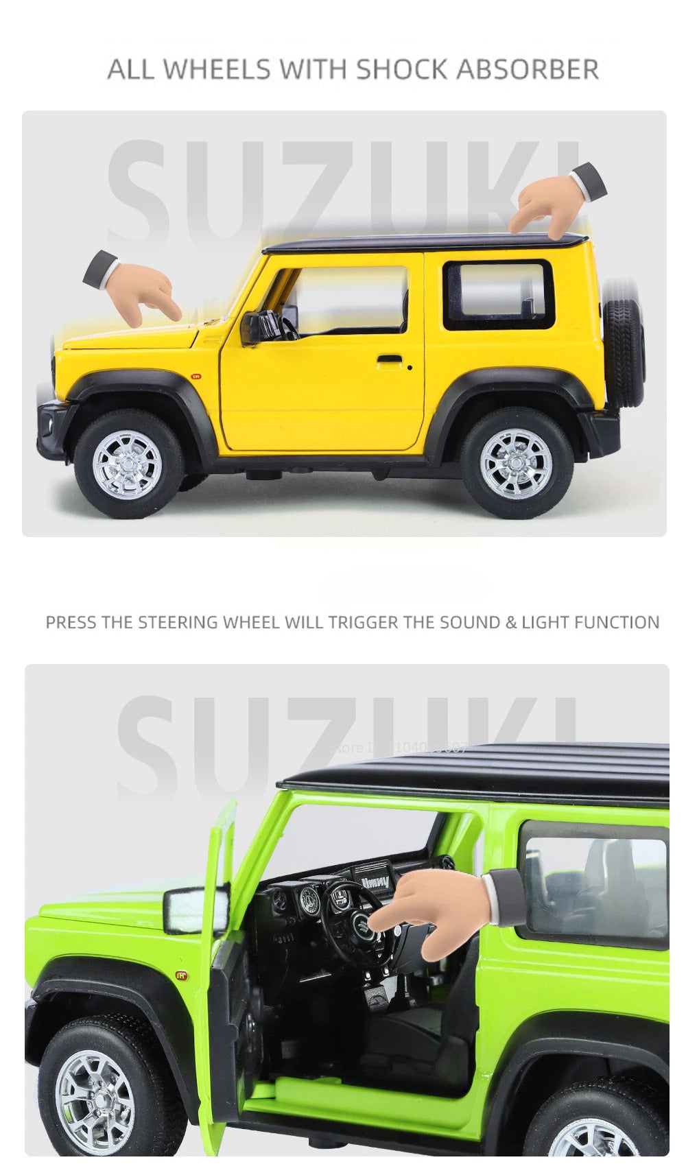 1:24 Suzuki Jimny Car Model Toys Alloy Diecast SUV 4 Doors Opened Pull Back Sound Light Shock Absorption Ornament Vehicles Gifts