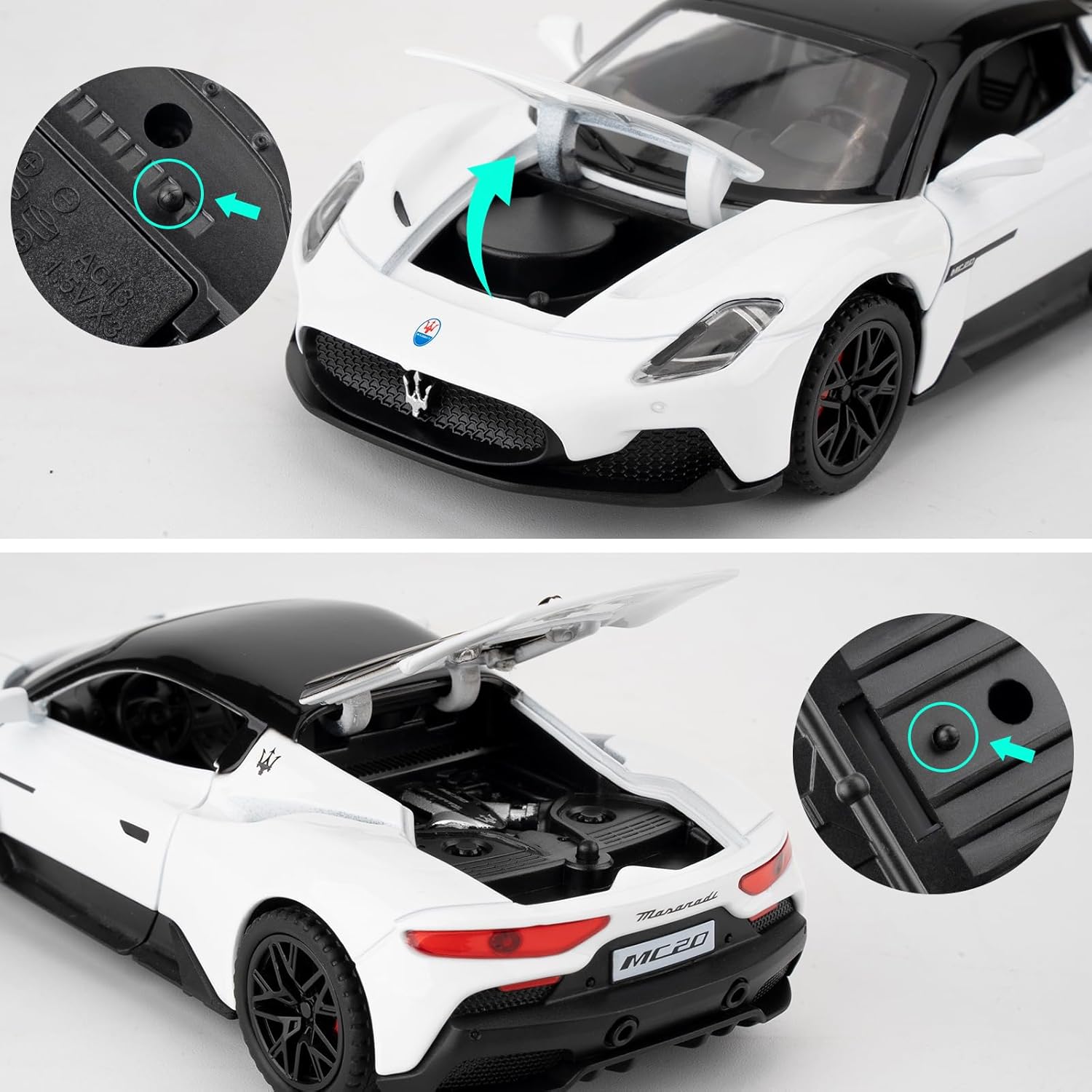 1/32 Maserati MC20 Alloy Model car, Model Toy with Pull Back Function, Toy car That Makes Sound and Bright Light, Model Toy for Collection, Gift for Kids (White)