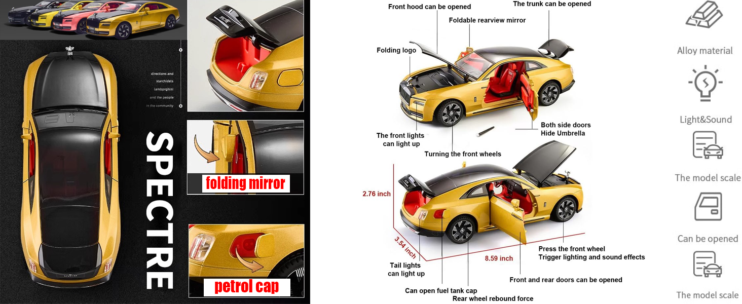 EROCK 1:24 Rolls Royce car Model, zinc Alloy car Model Toy with Sound Effects and Lights, Suitable for Adults and Children as Gifts, Decorations, Collectibles. (Black)