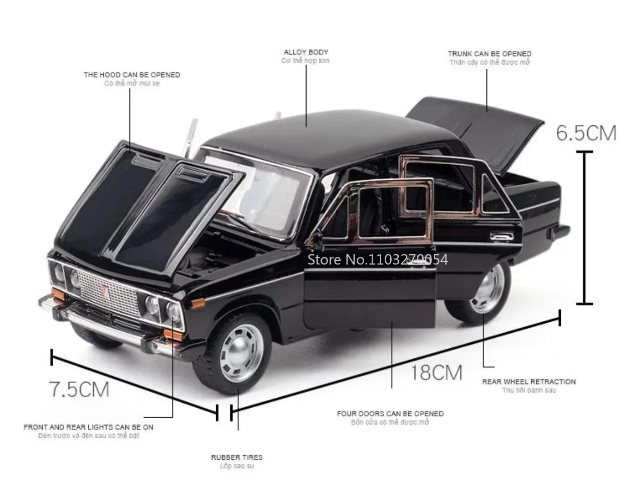 1/24 LADA 2106 Diecast Alloy Car Model Toy Metal Body Door Can Opened Toy Car Pull Back Sound Light Rubber Tire Vehicle Boy Gift