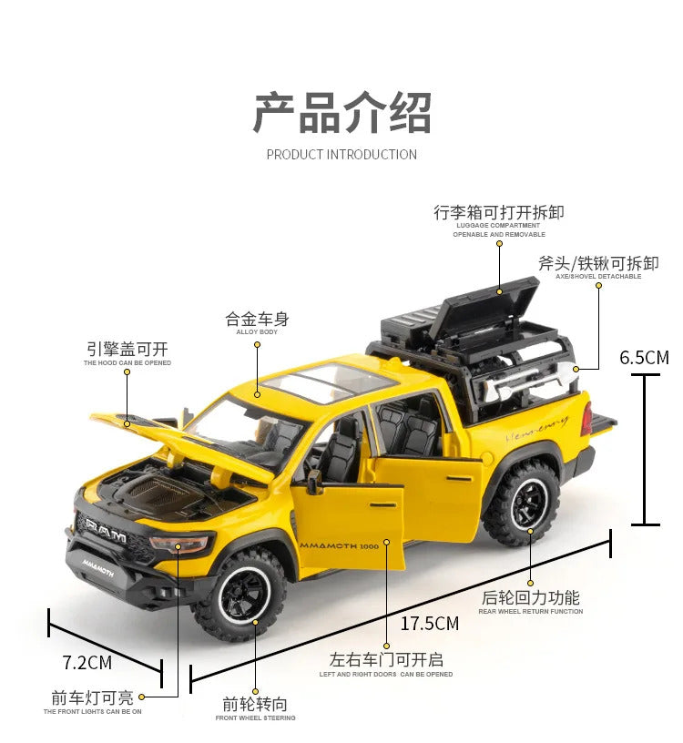 Diecast 1:32 RAM 1000 TRX Mammoth Pickup Alloy Model Car Toy Metal Casting Sound and Light Car Toys For Children Vehicle Toy Set