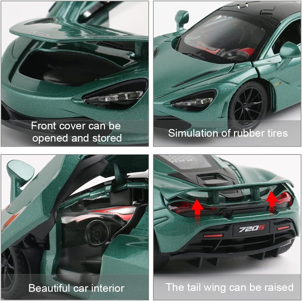Diecast Toy Car McLaren 720S Sports Car Model,Zinc Alloy Simulation Casting Pull Back Vehicles,1:32 Scale Mini Supercar Toys with Lights and Music for Toddlers Kids Children Gift (720S-Green)