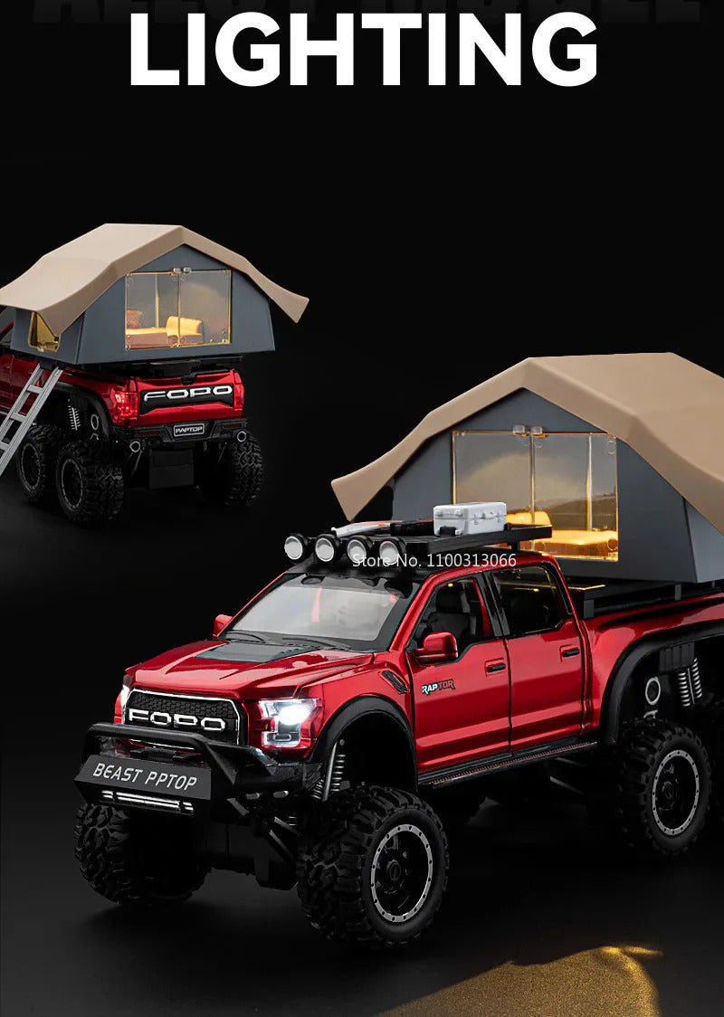 1/24 Scale Raptor F150 Alloy Cars Models Toys 6 Doors Opened Camping RV Diecast Model Light Sound Vehicle for Boys Birthday Gift