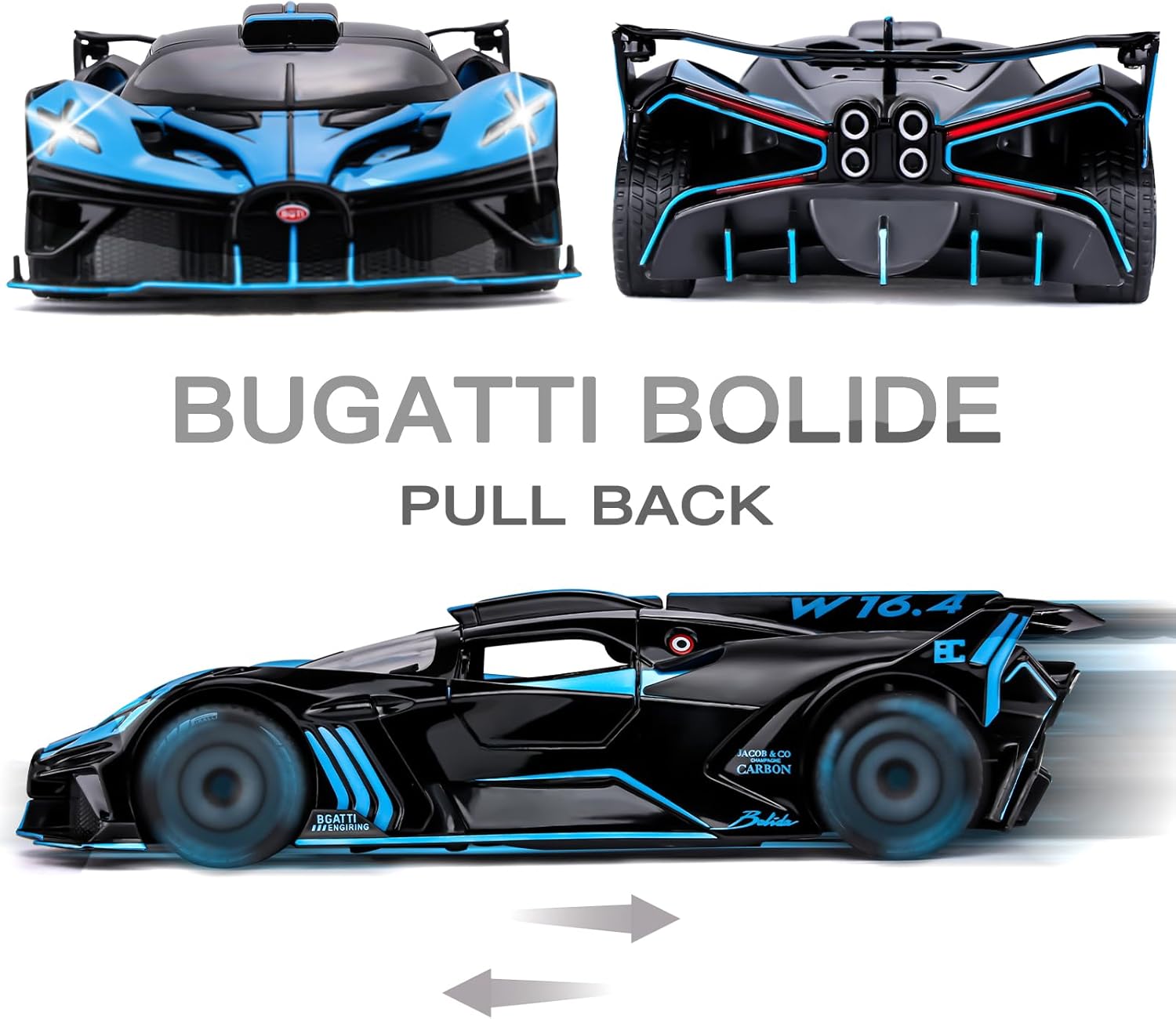 Toy Car Model for Bugatti Compatible with 1:24 Bugatti Bolide Alloy Diecast Car Toy with Lights and Music, Pull Back Car Toys for Kids Boys Girls Gift (Blue)