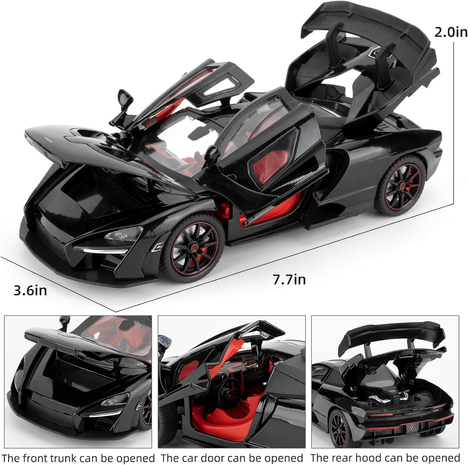 1:24 Scale Car Model Compatible for Collectible McLaren Senna Super Sports car Toys, Zinc Alloy Pull Back Toy Vehicle with Sound and Light for Adult Boys Girls 3 4 5 6 7 8 (Black)