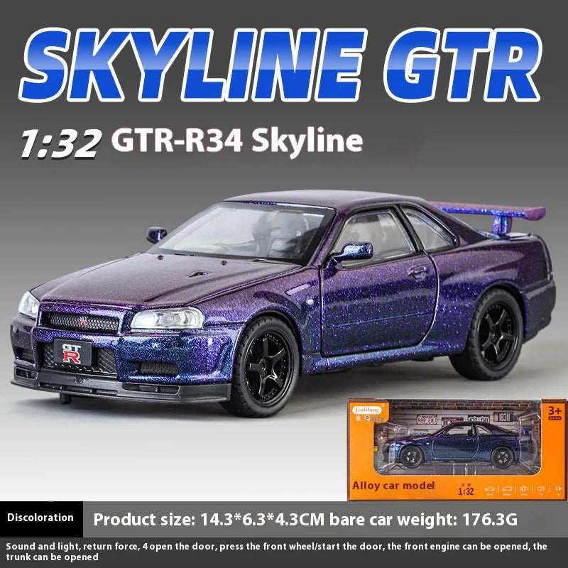 1:32 Nissan GTR R34 Skyline Supercar Alloy Metal Diecast Car Model Sound & Light Collection of Hobby Models Trendy Ornament Gift