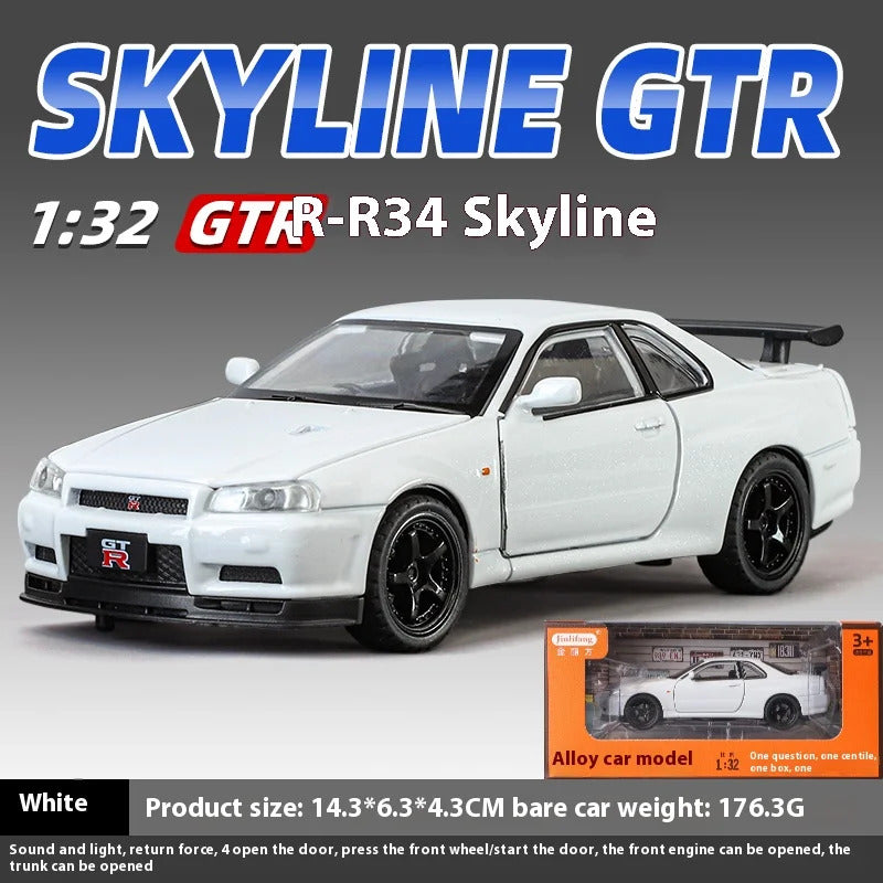 1:32 Nissan GTR R34 Skyline Supercar Alloy Metal Diecast Car Model Sound & Light Collection of Hobby Models Trendy Ornament Gift