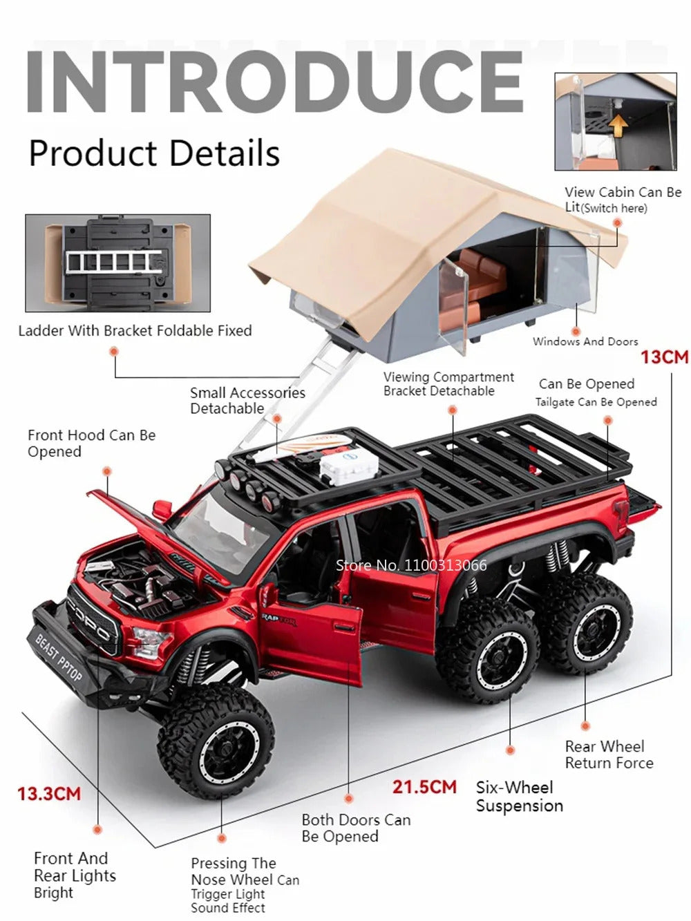 1/24 Scale Raptor F150 Alloy Cars Models Toys 6 Doors Opened Camping RV Diecast Model Light Sound Vehicle for Boys Birthday Gift