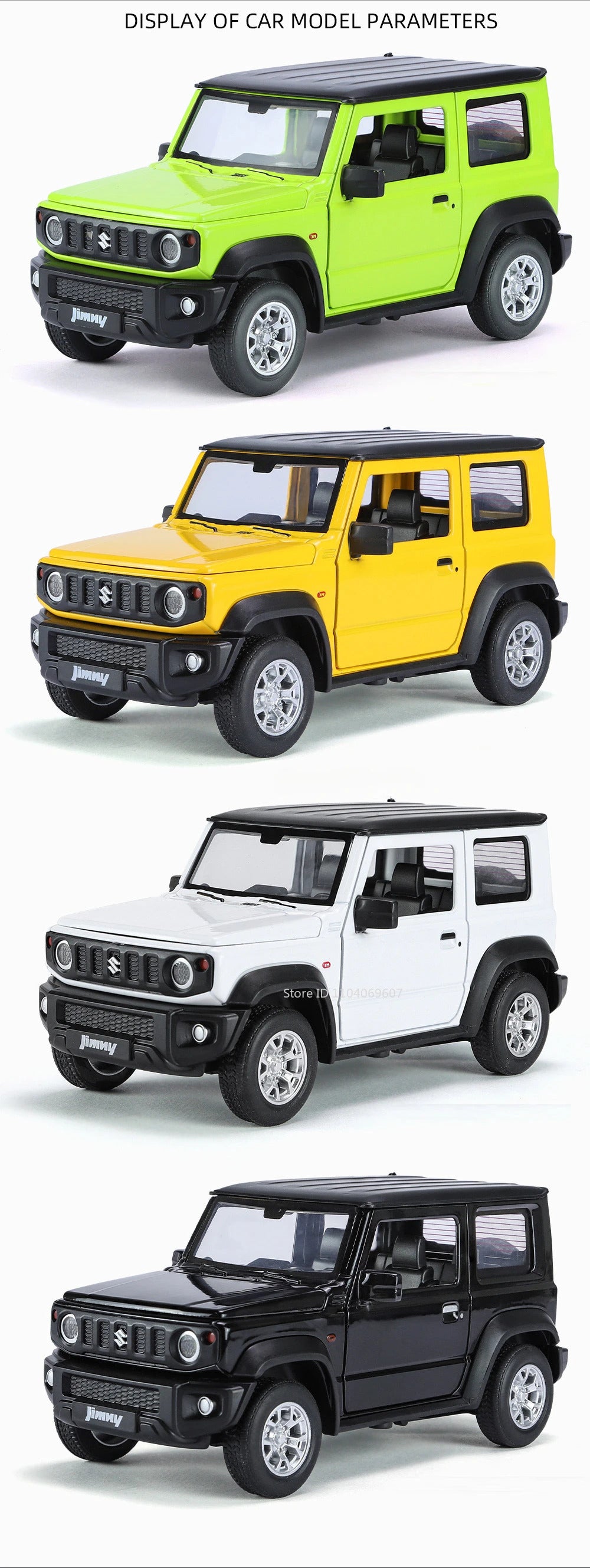 1:24 Suzuki Jimny Car Model Toys Alloy Diecast SUV 4 Doors Opened Pull Back Sound Light Shock Absorption Ornament Vehicles Gifts