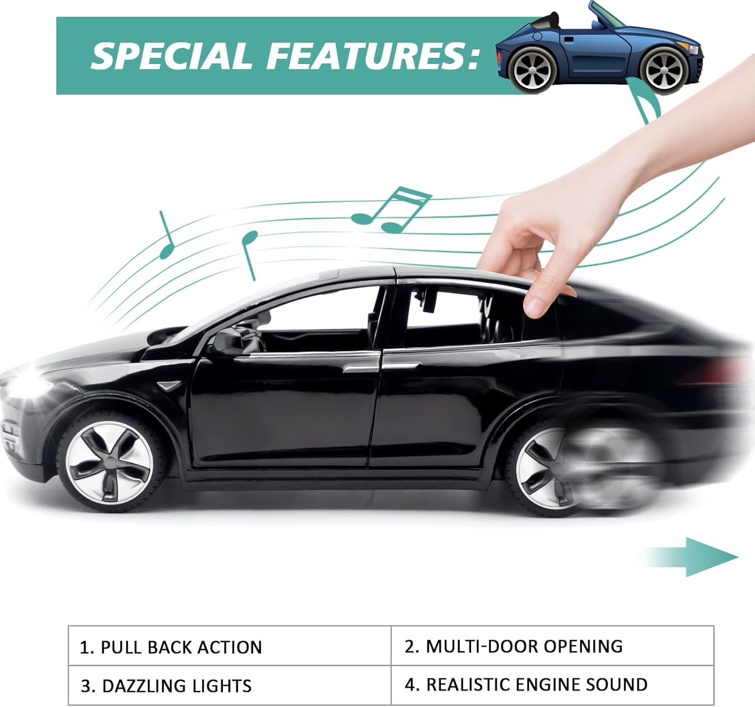 1:32 Model X Alloy Diecast Pull Back Toy Car with Open Doors, Lights and Music, Mini Vehicles Toys for Kids & Collectors (Black)