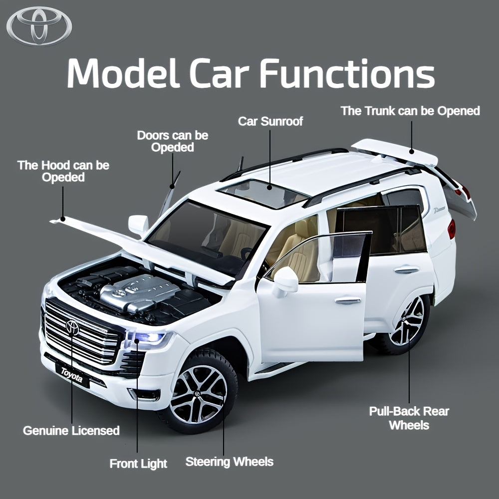 1pc 1/24 Scale for TOYOTA Land Cruiser DieCast Model - Black or White, Pull Back Action with Lights and Sounds, Zinc Alloy, Ideal Birthday Gift for Boys, for TOYOTA