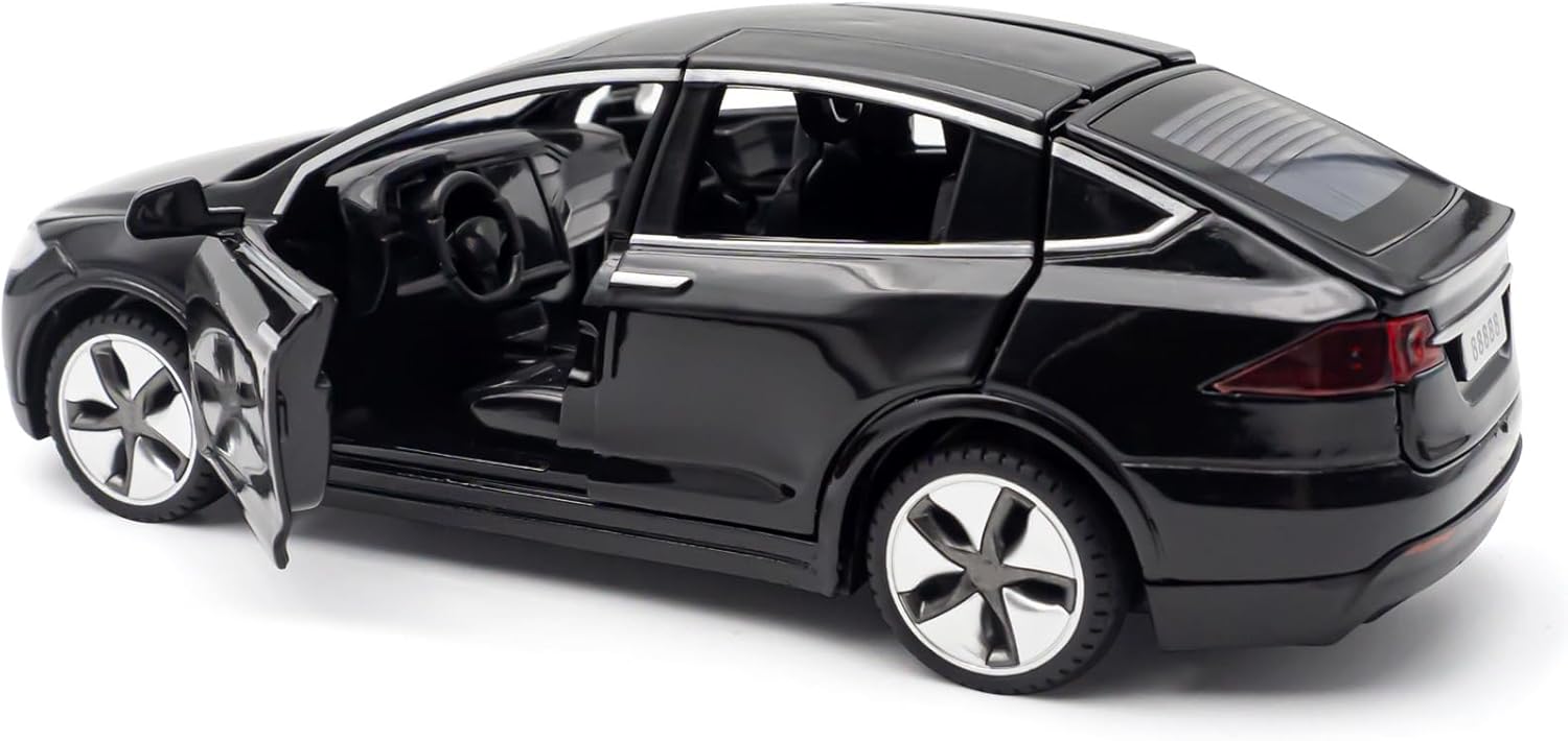 1:32 Model X Alloy Diecast Pull Back Toy Car with Open Doors, Lights and Music, Mini Vehicles Toys for Kids & Collectors (Black)