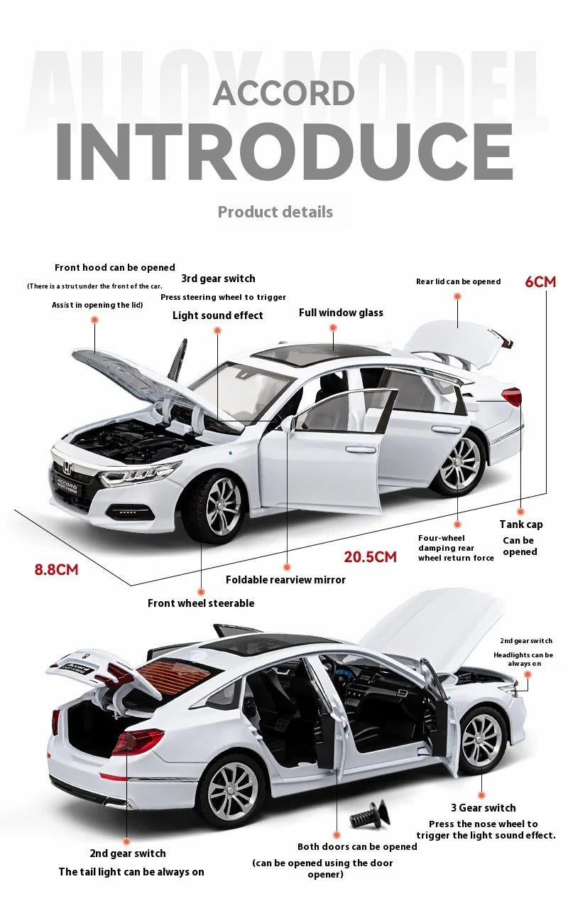 1:24 Accord Limousine Sound & Light Alloy Metal Diecast Car Model Collecting Hobby Decoration Trendy Holiday Gift Box Boy