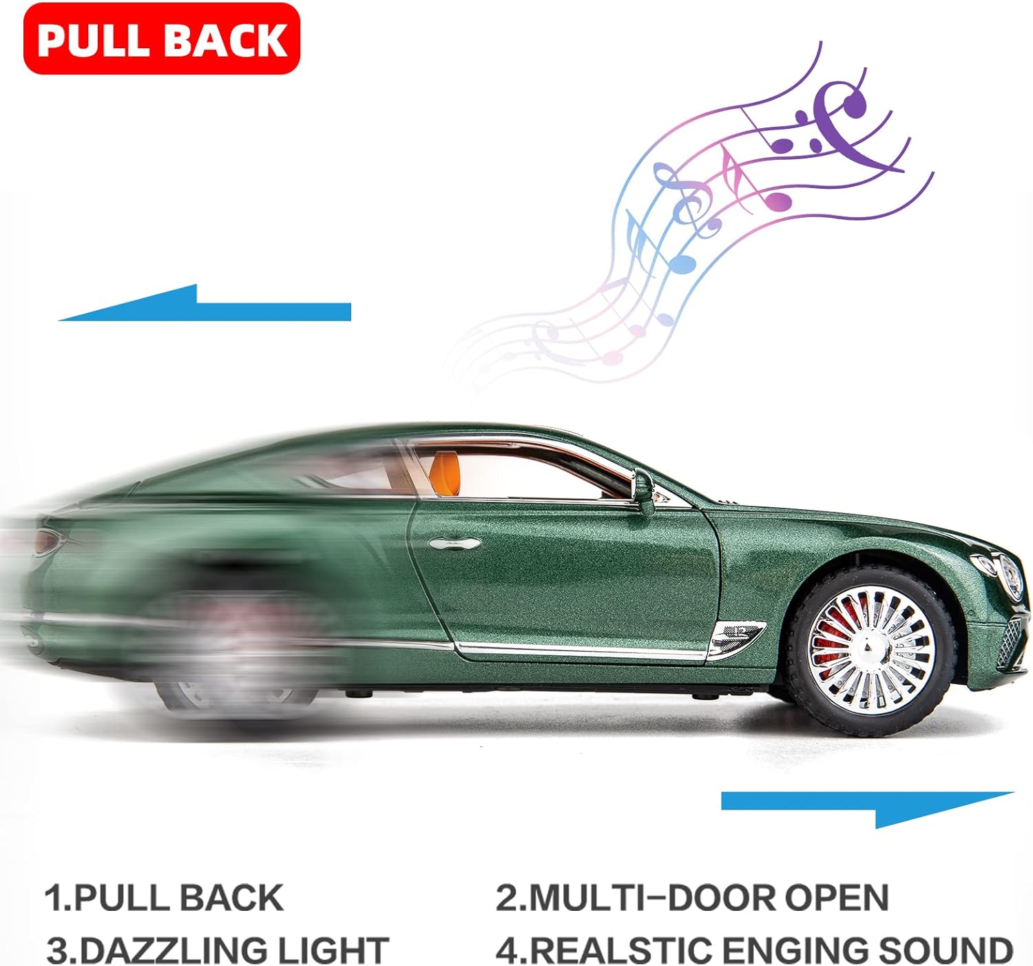 Toy Car Compatible for 1/24 Bentley Continental GT Model Car Alloy Diecast Collectible Pull Back Car Toy Door Can Be Opened for Boys Girls Gift(Green)
