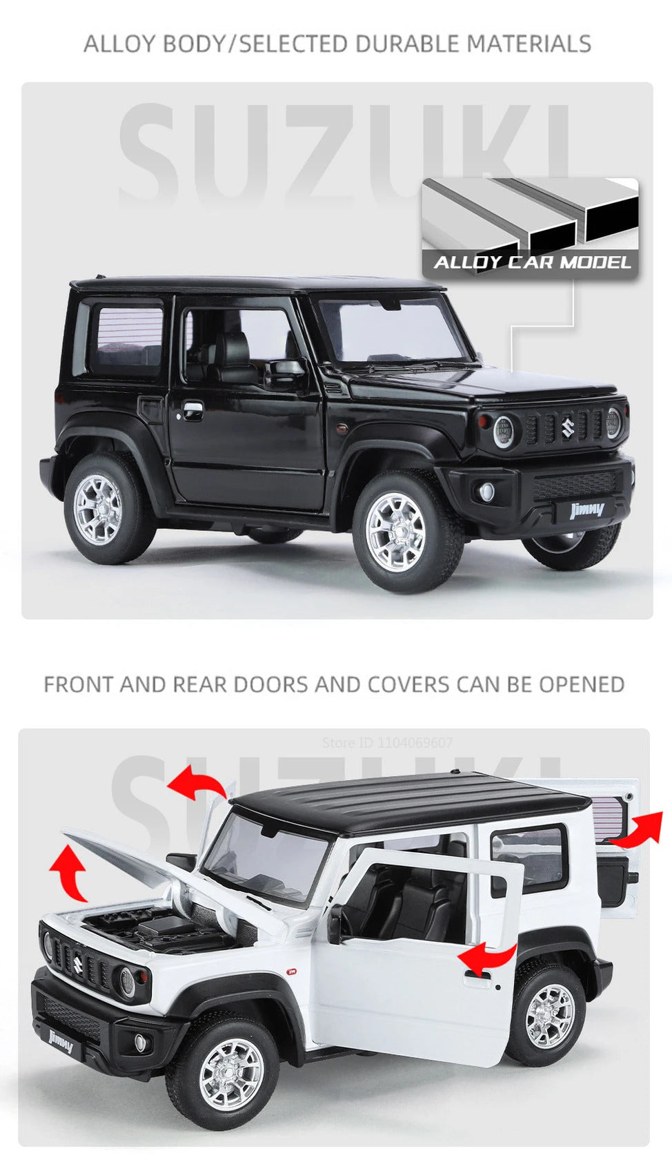 1:24 Suzuki Jimny Car Model Toys Alloy Diecast SUV 4 Doors Opened Pull Back Sound Light Shock Absorption Ornament Vehicles Gifts