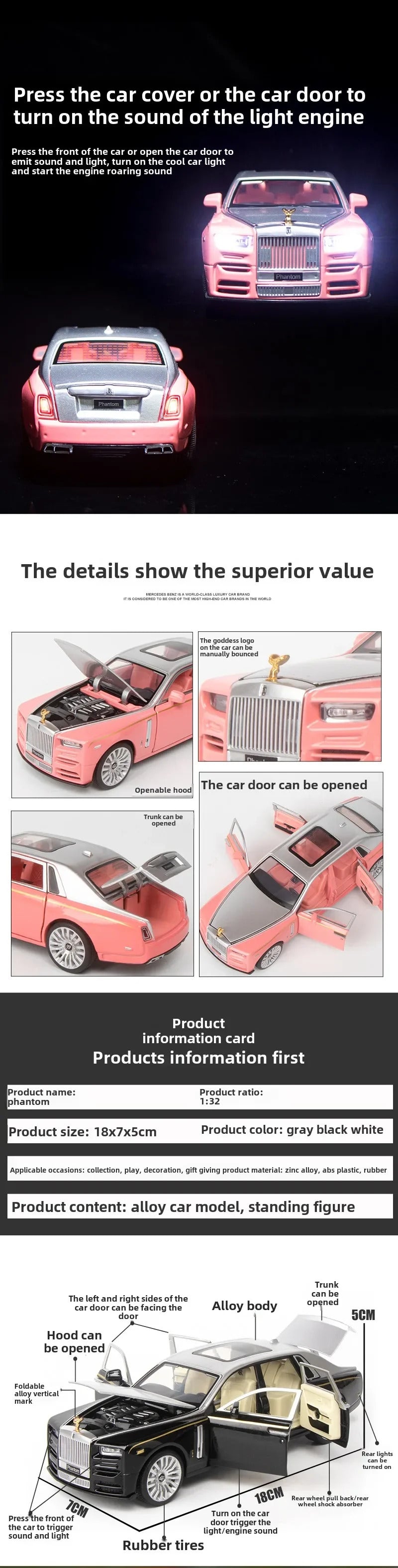 [CubeFun]1:32 Rolls-Royce Phantom Alloy Car Model Sound and Light Simulation Diecasts Metal Toy Collection Children Gifts