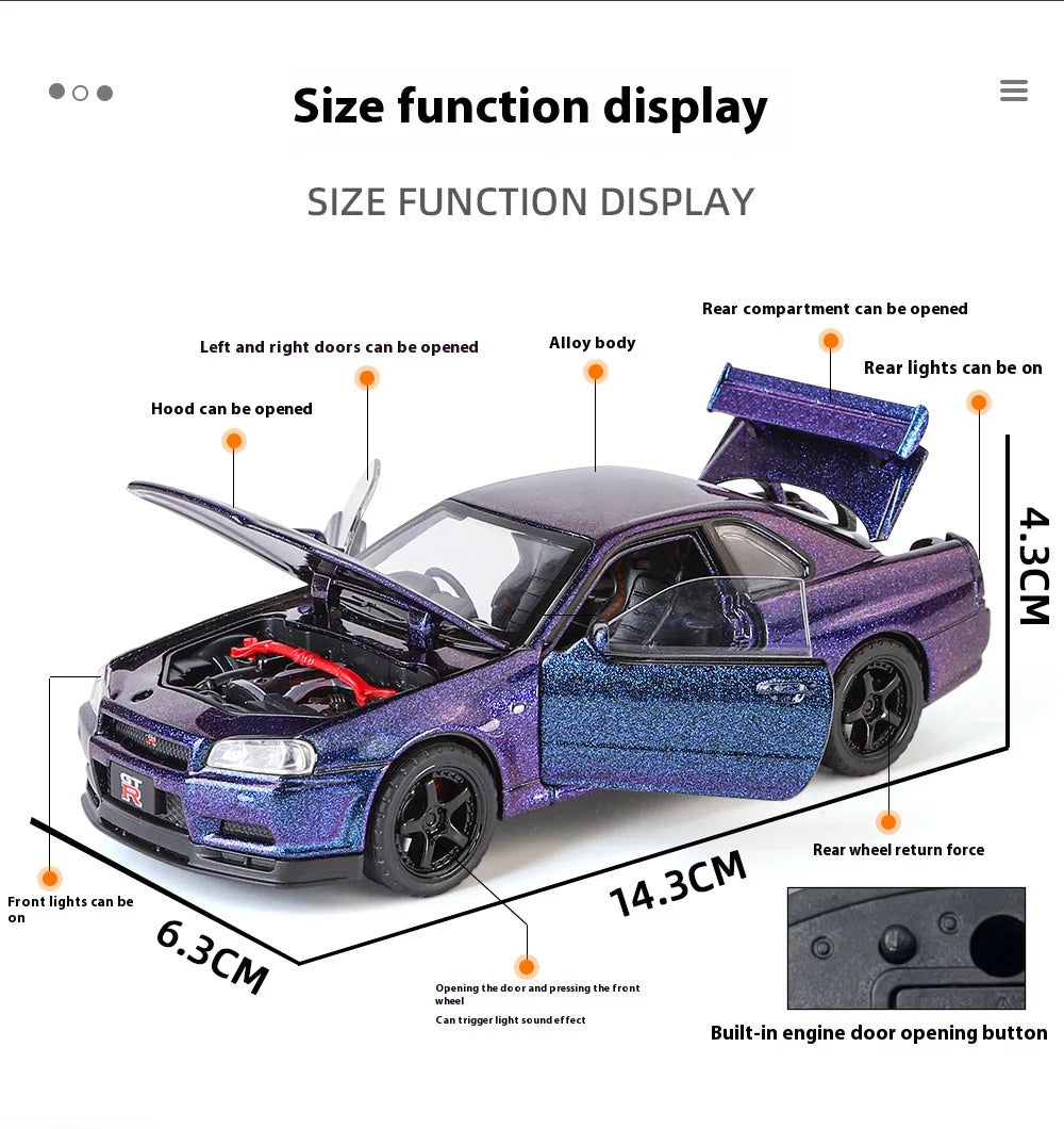 1:32 Nissan GTR R34 Skyline Supercar Alloy Metal Diecast Car Model Sound & Light Collection of Hobby Models Trendy Ornament Gift