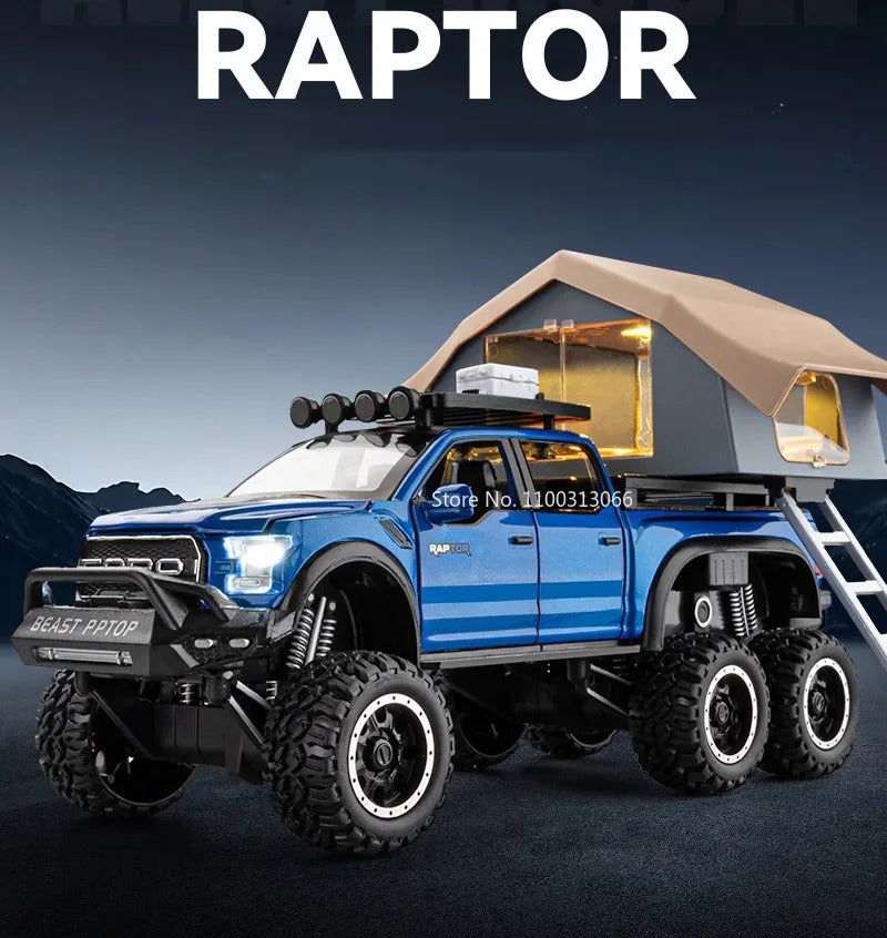 1/24 Scale Raptor F150 Alloy Cars Models Toys 6 Doors Opened Camping RV Diecast Model Light Sound Vehicle for Boys Birthday Gift