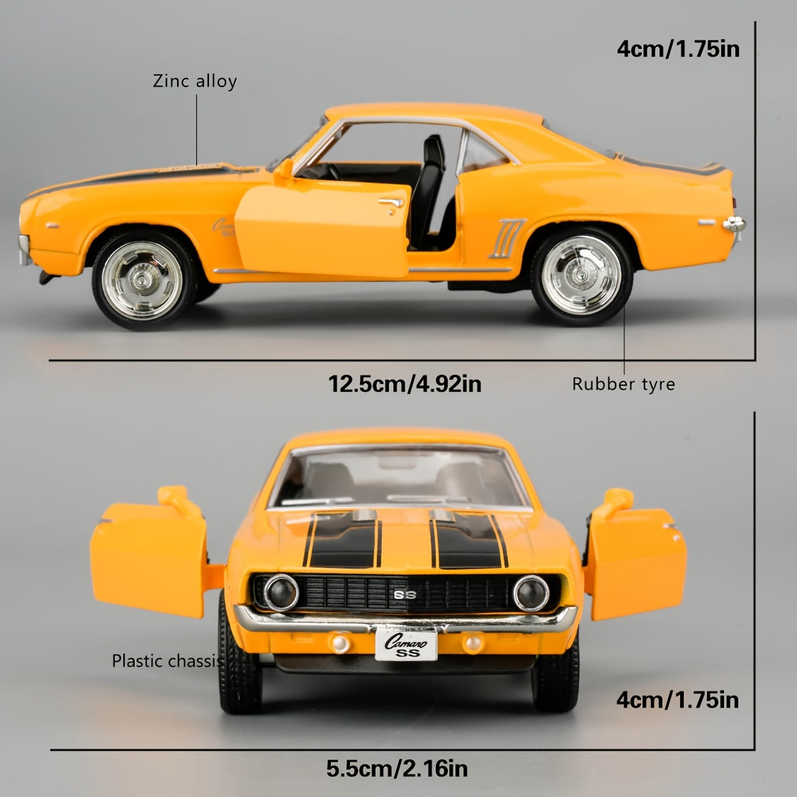 RMZ CITY 1:36 Scale 1969 for CHEVROLET for Camaro S5 Diecast Model - Vibrant Yellow with Black Stripes, Zinc Alloy PullBack Toy Car with Openable Doors & Detailed Interior, Perfect Gift for Boys & Girls