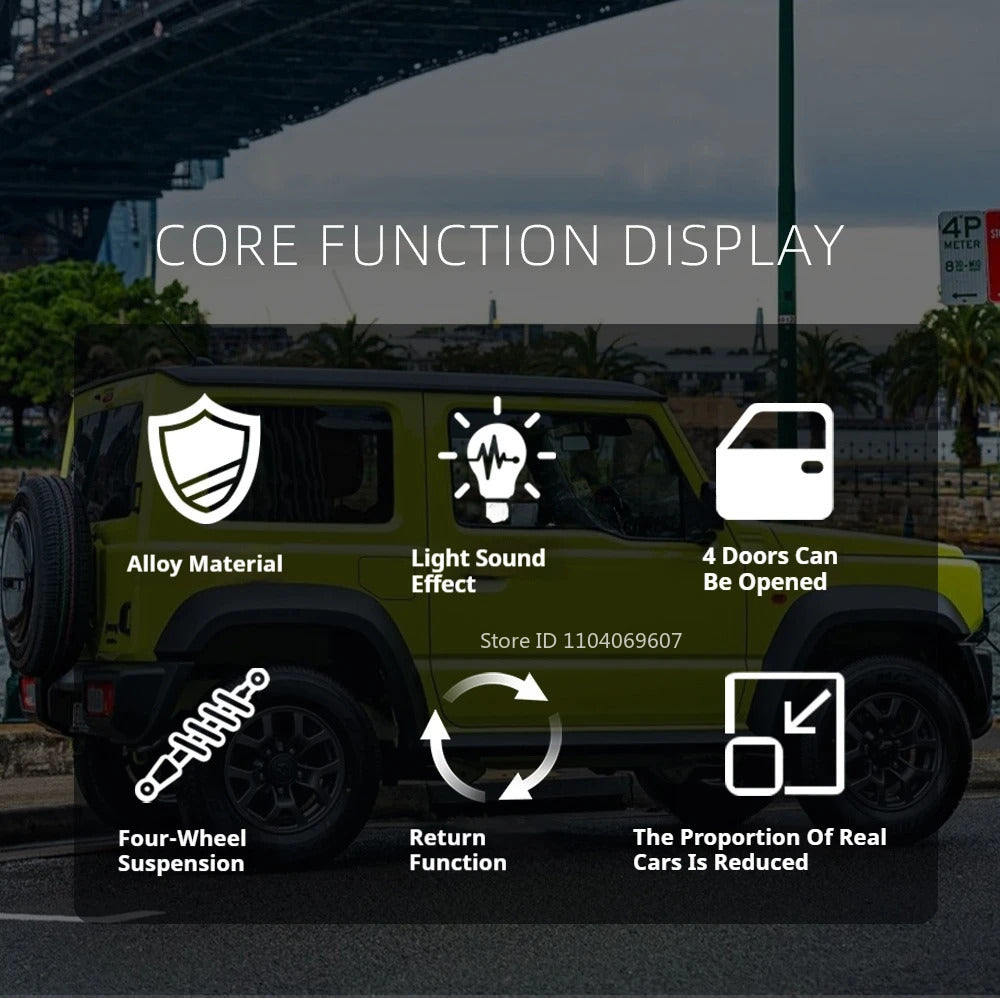 1:24 Suzuki Jimny Car Model Toys Alloy Diecast SUV 4 Doors Opened Pull Back Sound Light Shock Absorption Ornament Vehicles Gifts