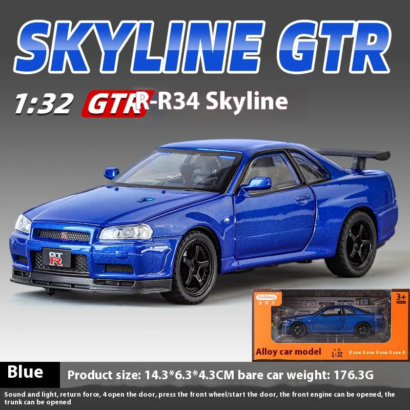 1:32 Nissan GTR R34 Skyline Supercar Alloy Metal Diecast Car Model Sound & Light Collection of Hobby Models Trendy Ornament Gift