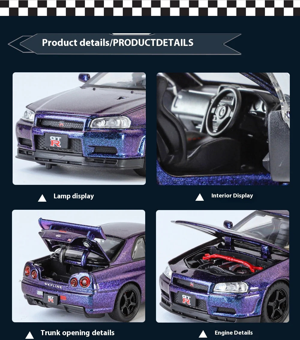 1:32 Nissan GTR R34 Skyline Supercar Alloy Metal Diecast Car Model Sound & Light Collection of Hobby Models Trendy Ornament Gift