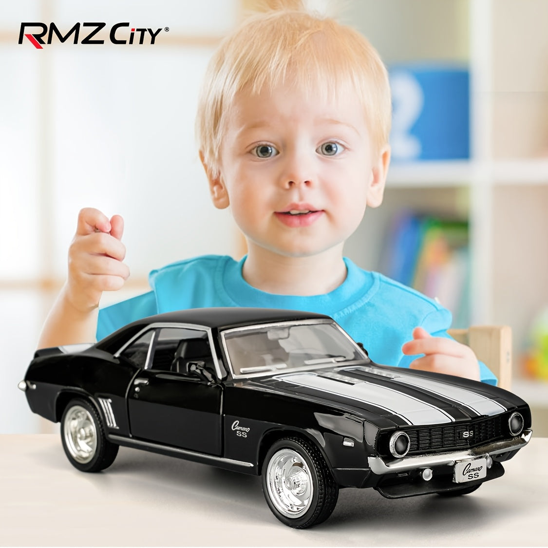 RMZ CITY 1:36 Scale 1969 for CHEVROLET for Camaro S5 Diecast Model - Vibrant Yellow with Black Stripes, Zinc Alloy PullBack Toy Car with Openable Doors & Detailed Interior, Perfect Gift for Boys & Girls